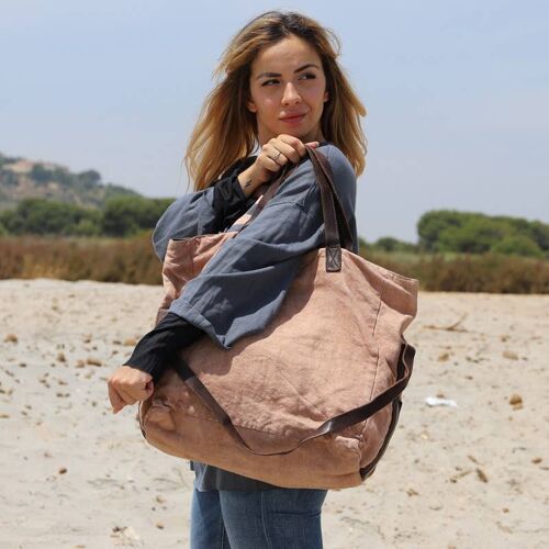 Mocha Linen Fabric Bag, Leather Details, Special Finishes