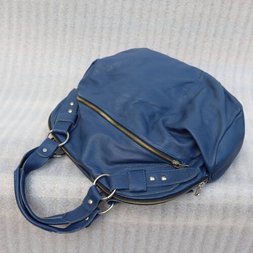 Blue Handles Bag - Tumbled-Effect Leather Bags - Tote Bag
