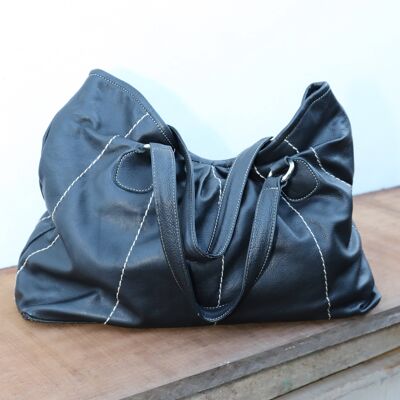 Sac de style Hobo noir avec coutures contrastées, sacs en cuir
