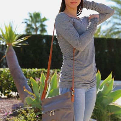 Taupe Leather Bag With Long Adjustable Shoulder Strap