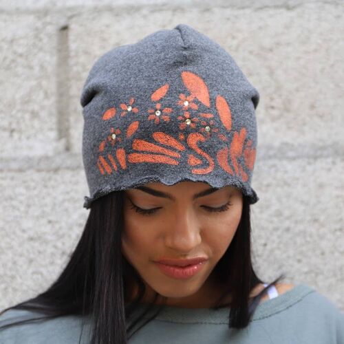 Printed beanie in dark gray melange