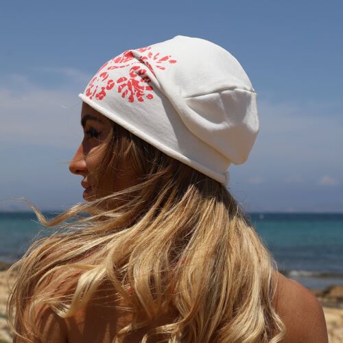 Ibiza style - printed beanie hat, white cotton sweatshirt