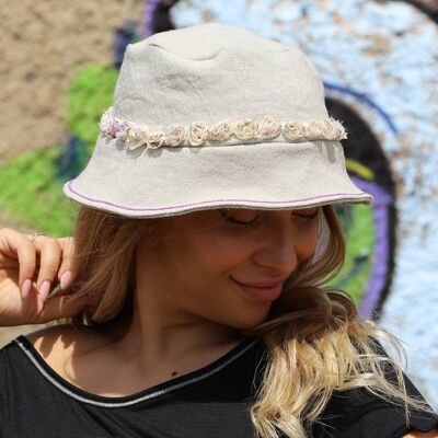 Romantico - Cappello a secchiello in lino beige, da fibre naturali