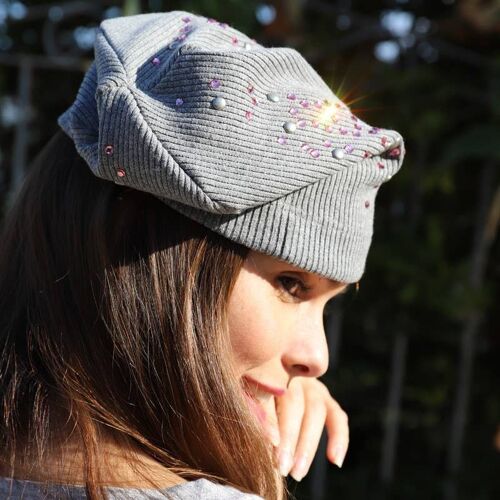 323 Beanie Hat, Light rose Swarowsky and gray antiqued studs