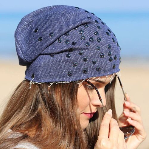 475 Denim Beanie Hat With Iridescent Effect Cabochons