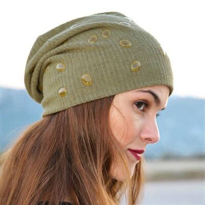 310 Beanie Hat with cabochons in the color of the fabric