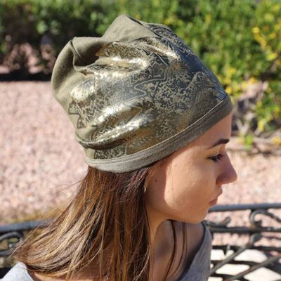 224 Fashion Beanie hat, olive-colored foil print Beanies
