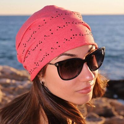 229 Black rhinestones all around, Red-pink melange Beanie