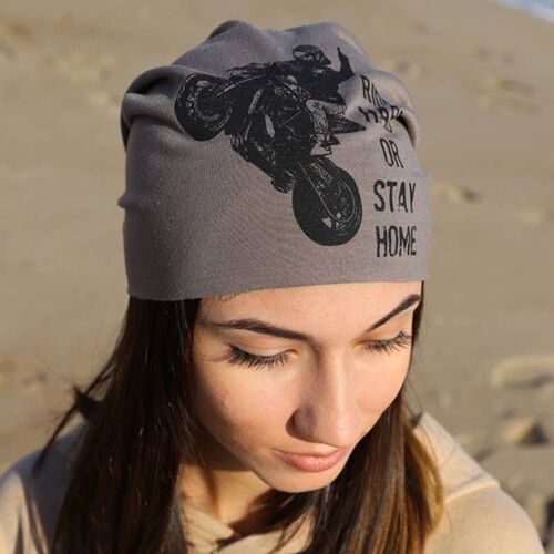 447 Rider Beanie Hat, Dove-Gray Sweatshirt Fabric, Printed