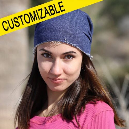 477 Denim Effect Beanie Hat, Frayed Hem, Customizable