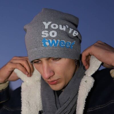 320H You Are So Tweet, Graumelierte gerippte Beanie-Mütze aus Baumwolle