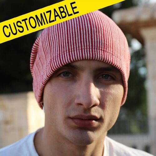 324H Cream and red beanie hat, Customizable beanies