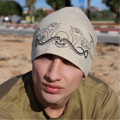 443H Cool Tattoo Beanie Hat, Beige Sweatshirt Fabric Beanies