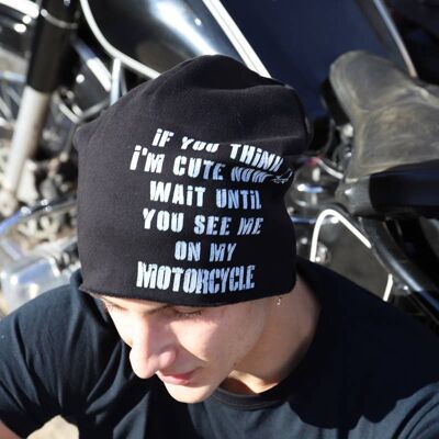 416H Motorcycle themed Beanie Hat, Black Printed Beanies