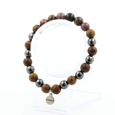 Bracelet Ruby Beads from Mogok, Burma, Myanmar + Hematite + wood 8 mm. Made in France