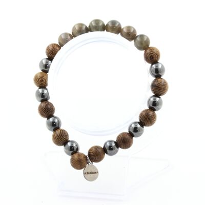 Bracciale Perle di zaffiro di Mogok, Birmania, Myanmar + Ematite + legno 8 mm. Fatto in Francia