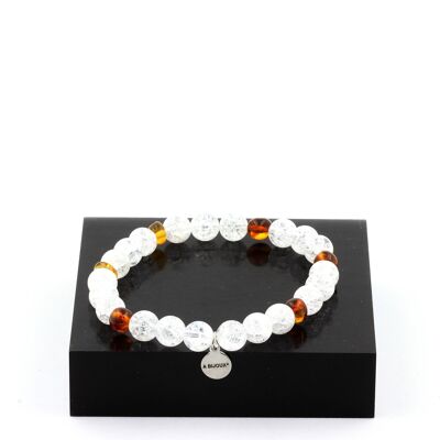 Genuine Amber Beaded Bracelet from the Baltic Sea + Cracked Quartz from Brazil 8 mm. Made in France