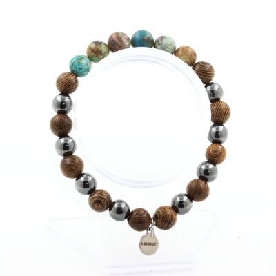 Namibian Chrysocolla Bracelet + Hematite Beads + 8 mm wood. Made in France