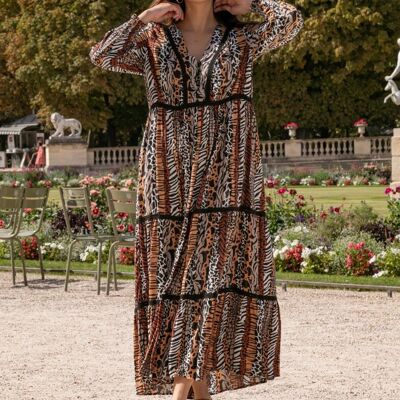 Maxi robe longue à imprimé animalier LUREX  avec dentelle boutonnée devant