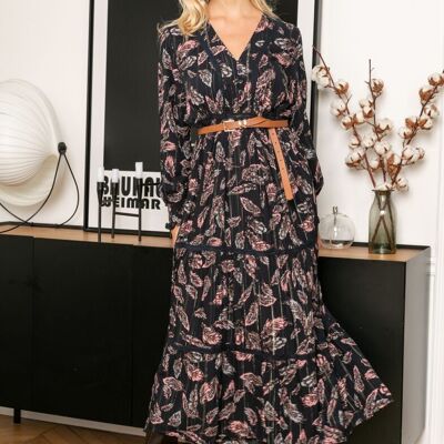 LUREX long floral print maxi dress with buttoned lace in front