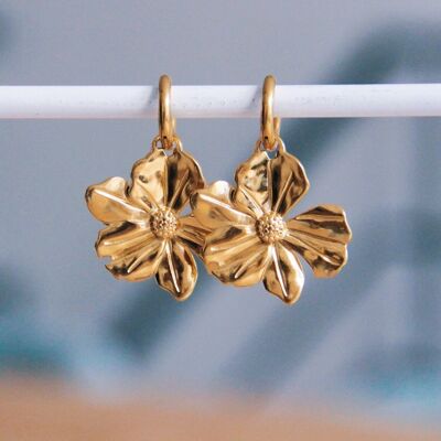 Pendientes de aro de acero inoxidable con flor XL - oro