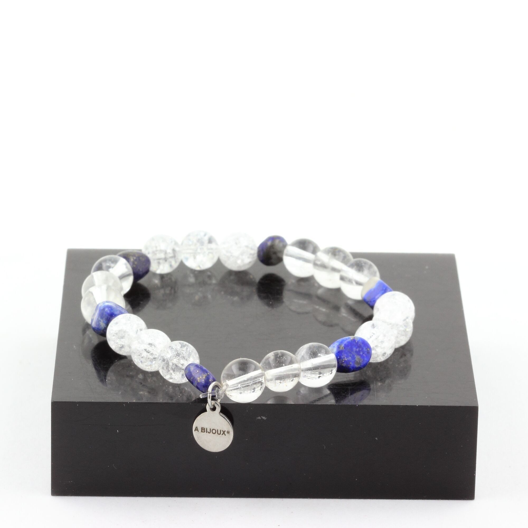 Lapislazuli-Armband aus Pakistan + gebrochene Quarzperlen aus Brasilien + Quarz 8 mm. Hergestellt in Frankreich