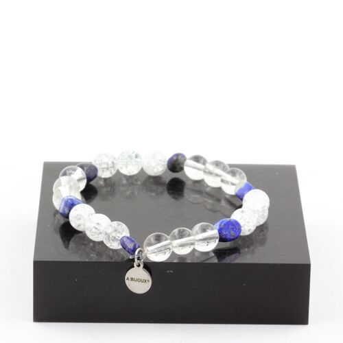 Bracelet Lapis Lazuli du Pakistan + Perles Quartz craquelé du Brésil + Quartz 8 mm. Fabriqué en France