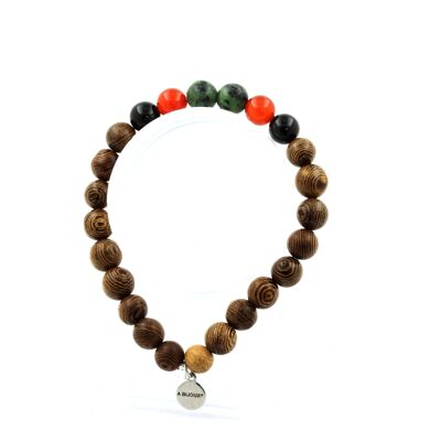 Bracelet Beads Epidote from Australia + Carnelian from Uruguay + Black Agate + wood 8 mm. Made in France