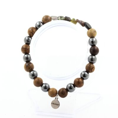 Multicolored Tourmaline Bracelet from Brazil + Hematite Beads + 8 mm wood. Made in France