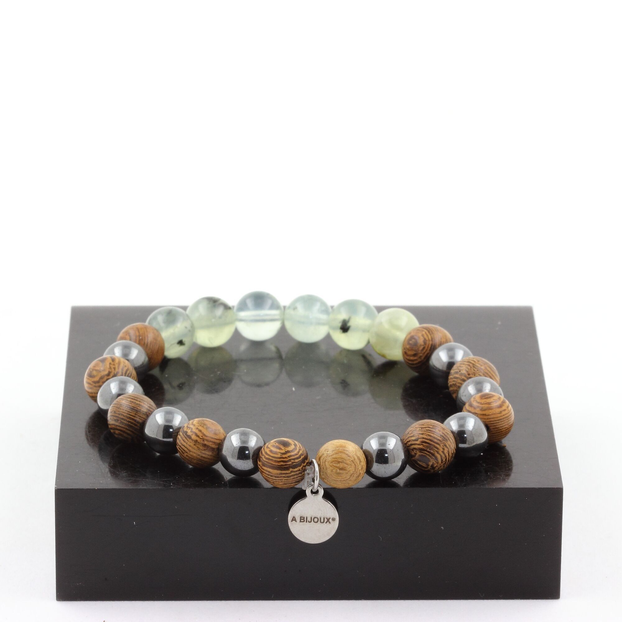 Bracciale Perle di Prehnite Africana + Ematite + legno 8 mm. Fatto in Francia