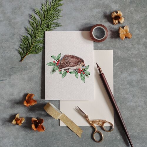 Festive Hedgehog Watercolour Christmas Greetings Card