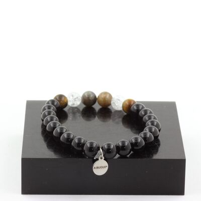 Sapphire Bracelet from Mogok, Burma, Myanmar + Cracked Quartz Beads from Brazil + Tiger's Eye + Black Agate 8 mm. Made in France