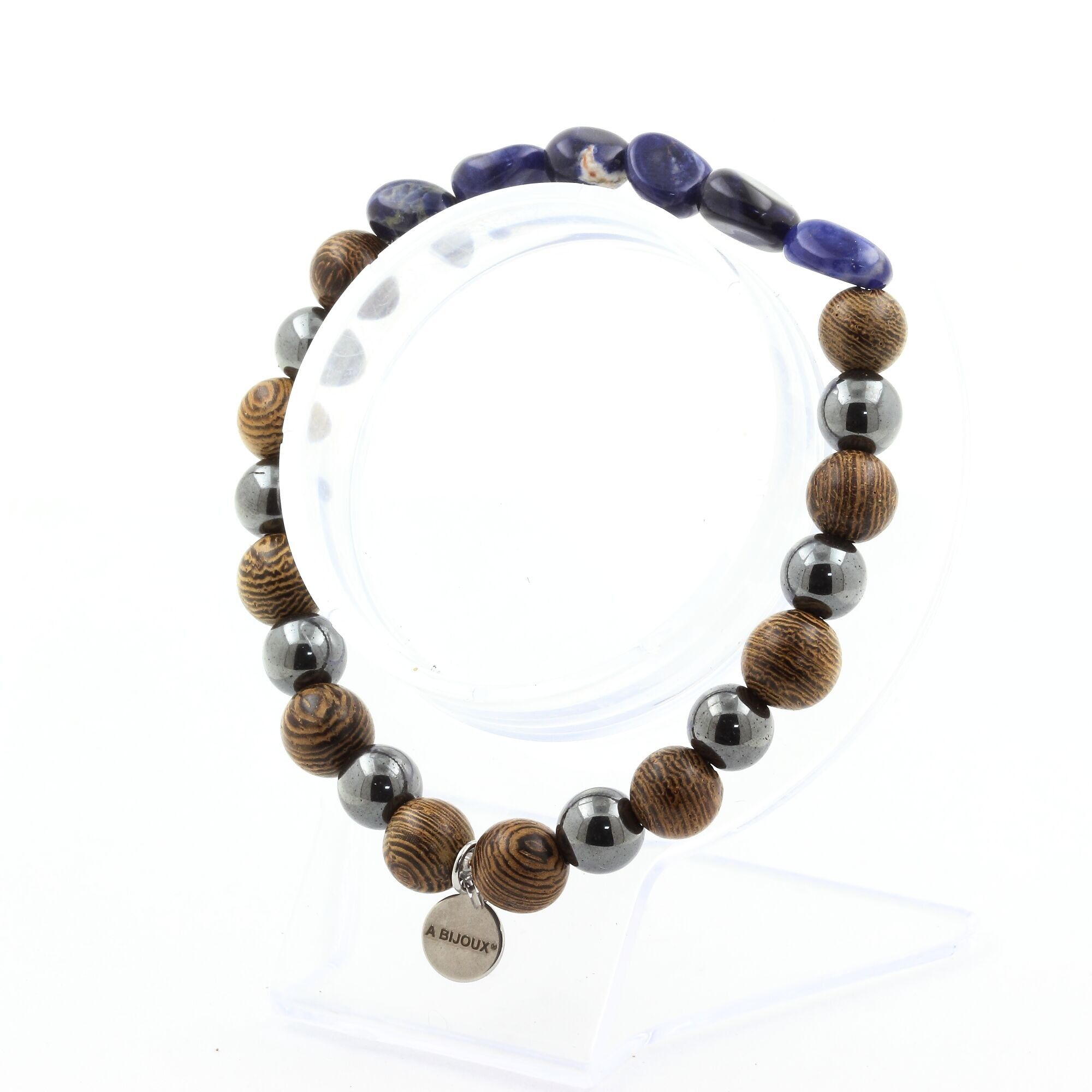 Bracciale in sodalite brasiliana + perle di ematite + legno da 8 mm. Fatto in Francia