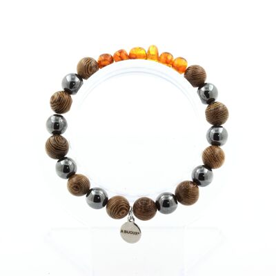 Bracelet Perles Ambre véritable de la mer Baltique + Hématite + bois 8 mm. Fabriqué en France