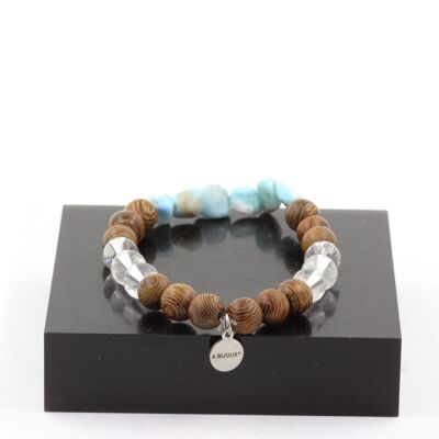 Dominican Republic Larimar Bracelet + Quartz Beads + 8 mm wood. Made in France