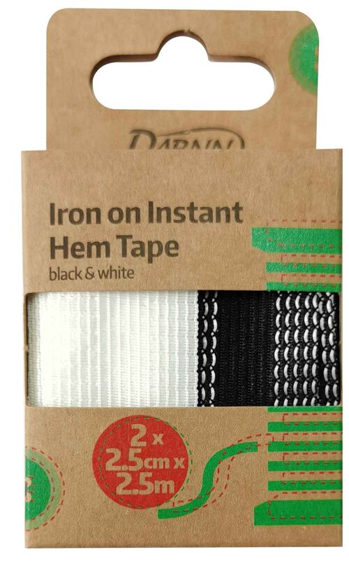 IRON-ON INSTANT HEM TAPE (2.5meter x 2.5cm) Pack of 2, No Sewing Iron On Roll, Adhesive Fabric Fusing Tape, 25mm Hemming Web, Black & White Iron On Instant Fix Roll