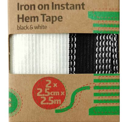 IRON-ON INSTANT HEM TAPE (2.5meter x 2.5cm) Pack of 2, No Sewing Iron On Roll, Adhesive Fabric Fusing Tape, 25mm Hemming Web, Black & White Iron On Instant Fix Roll