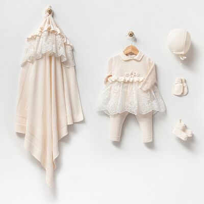 Ensemble de robe nouveau-né bio avec détails en dentelle 5 pièces