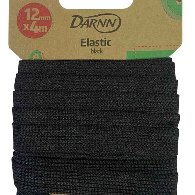 ELASTICO NERO (12 mm x 4 metri), fascia elastica per cucire, fascia piatta estensibile nera, corde elastiche per cucire nere, fascia elastica larga nera