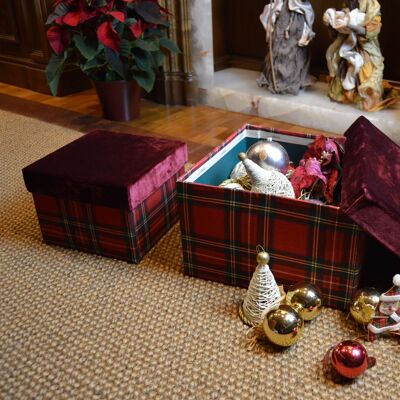 Decorative Box in Velvet and Scottish squares fabric - Winter Christmas
