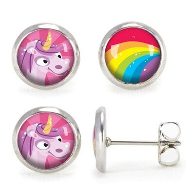 Children's Silver Surgical Stainless Steel Stud Earrings - Pink Unicorn / Rainbow