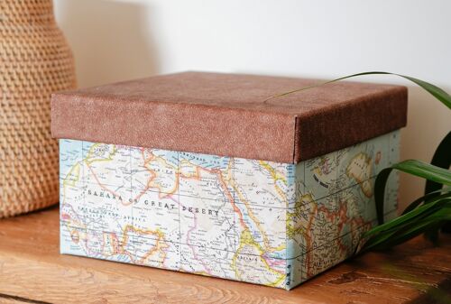 Decorative Box in Leatherette and World Map fabric