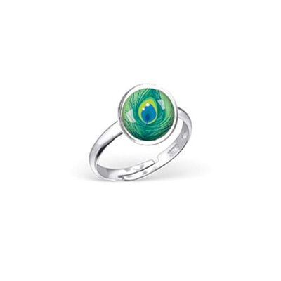 Anillo Infantil Ajustable de Plata - Pluma de Pavo Real