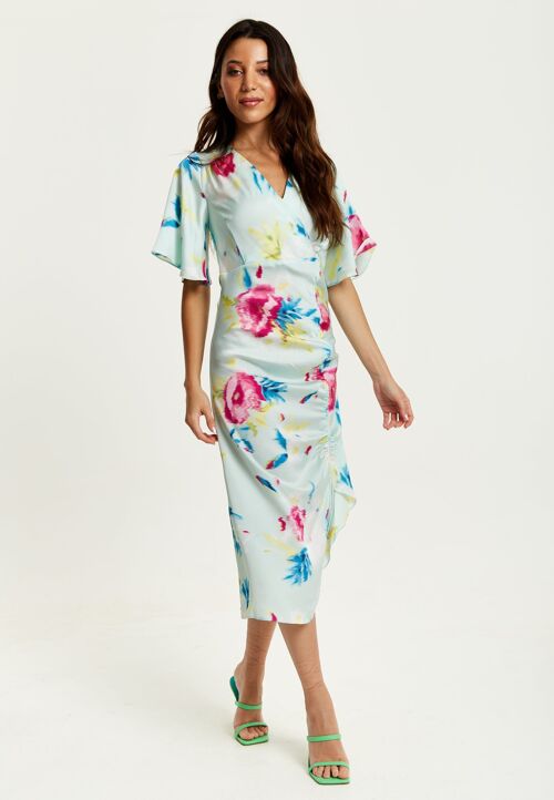 Liquorish Midi Wrap Dress With Floral Print in Mint Green