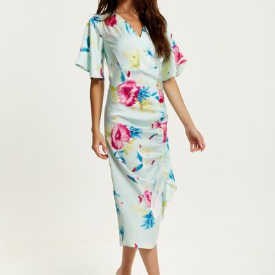 Liquorish - Robe portefeuille mi-longue à imprimé floral (vert menthe)