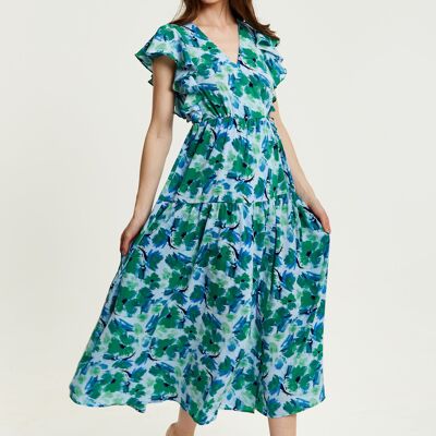 Vestido largo cruzado con estampado floral en verde y azul de Liquorish