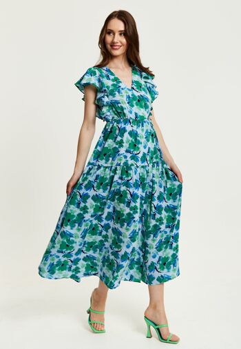 Liquorish - Robe portefeuille longue à fleurs - Vert et bleu 1