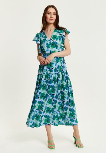 Liquorish - Robe portefeuille longue à fleurs - Vert et bleu 3