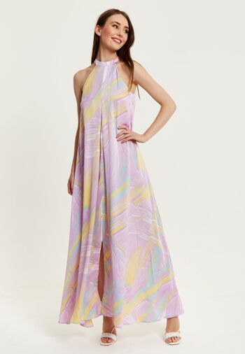 Liquorish - Robe longue à imprimé abstrait et col haut en lilas 2