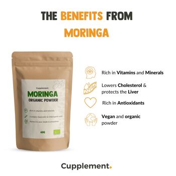 Cupplement - Poudre de Moringa Oleifera 60 grammes - Biologique - Scoop gratuit - Pas de capsules de Moringa ni de thé - Superaliments 3